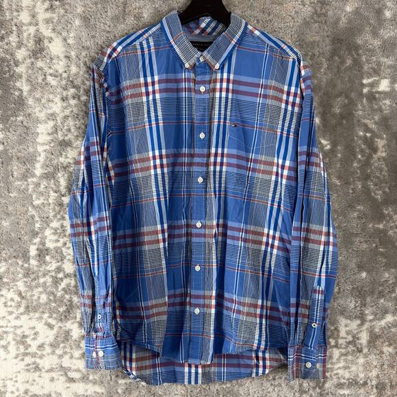 Tommy Hilfiger Size XL Custom Fit Plaid Button Shirt Blue Long Sleeve Collar - Picture 1 of 8